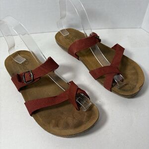 Yokono‎ Sandals Womens Size 8 Flip Flop Red Toe Strappy Leather Cork Adj G1